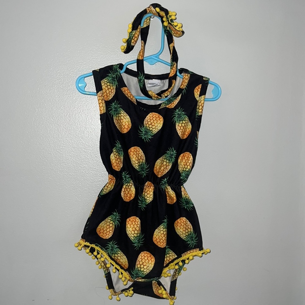 2T girls PomPom Pineapple Romper with Headband